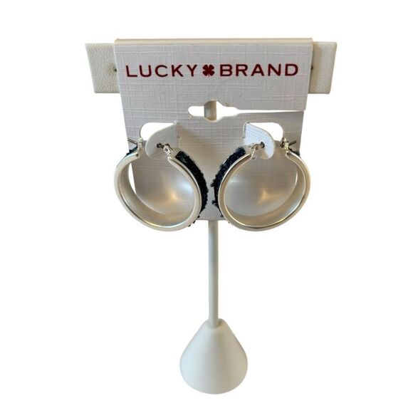 Matte Silver Toned Denim Hoop Earrings - Picture 1 of 5